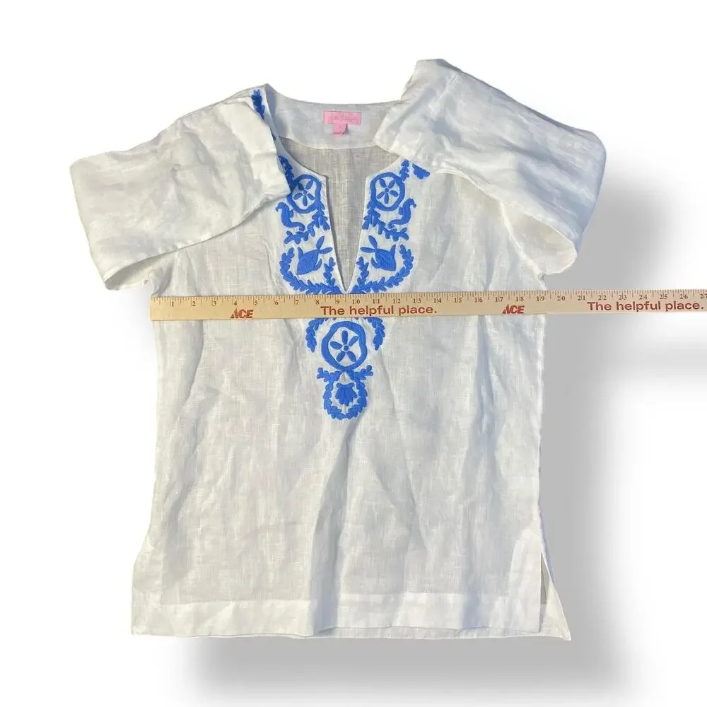 Lilly Pulitzer Amelia Island White Blue Linen Tunic Top Size Small Coastal - Picture 3 of 9